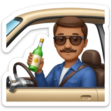 Guy with brown hair and mustache driving car with bottle in hand  sticker