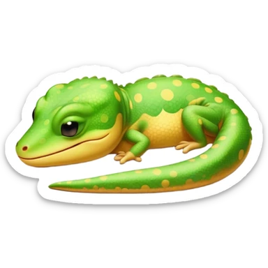 Meme-Worthy Cute Sleeping Gecko Portrait Emoji, Head resting peacefully with a contented smile, showcasing a diminutive, patterned body with smooth scales and eyes gently closed in serene slumber, Simplified yet adorably endearing features, highly detailed, glowing with a soft, drowsy tropical light, high shine, relaxed and utterly lovable, stylized with an air of playful laziness, soft glowing outline, capturing the essence of a sleeping gecko that feels destined to become the next viral icon of adorable rest! sticker