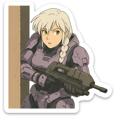 female, wearing reach spartan armor default, long white braid hair with massive messy front side single bangs, gold yellow eyes, attention pose, HALO:series, no helmet, the armor is lavender color scheme, shoulder pad off. DDD bust size fitting. Punk gothic cyberpunk, peeking around a corner while aiming a classic HALO1 AR sticker