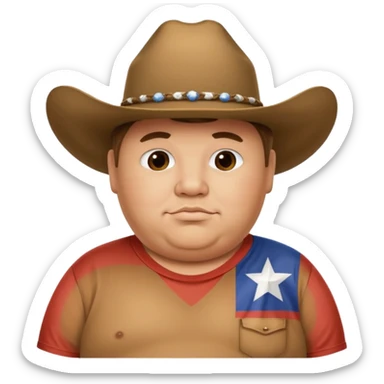 An obese man with a cowboy hat and Texas flag t-shirt sticker