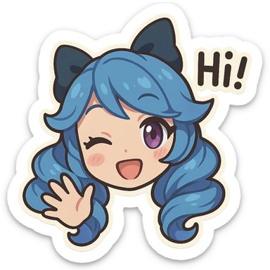 Gwen from League of Legends, chibi emote style, only head visible, right eye purple, welcoming hi expression, waving hand, eyes open, cute and expressive sticker