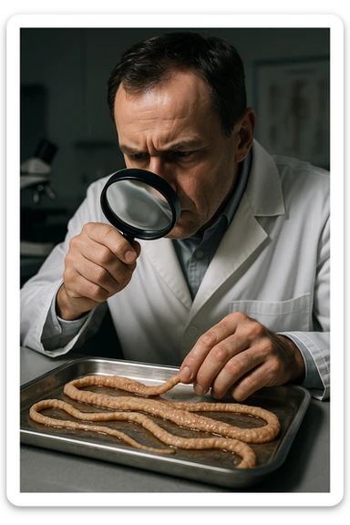 A middle-aged male kinesiologist wearing a pristine white lab coat, intensely analyzing long, beige tapeworms (like Taenia) under a magnifying glass. His expression is focused and slightly concerned, with dramatic studio lighting casting sharp shadows. The parasites are highly detailed, moist, and textured, stretched across a sterile metal tray. The background is blurred but suggests a clinical environment—hints of a microscope, medical charts, and clean lab equipment. The style is hyper-realistic, with a cinematic contrast between the bright white coat and the grotesque, organic forms of the parasites. No sci-fi elements, just raw medical realism with a disturbing edge sticker