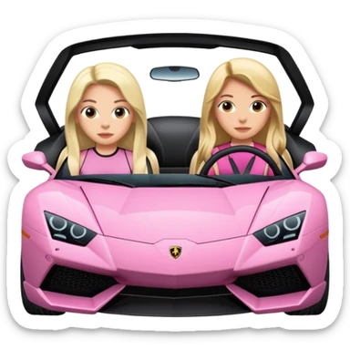 Make car far away so I can see full car Car facing forward in sports car. Make hair long  two girls in car far away Front of car sitting in the seats. Make it a pink sports car. They are two baddies make it a Lamborghini pink car  sticker