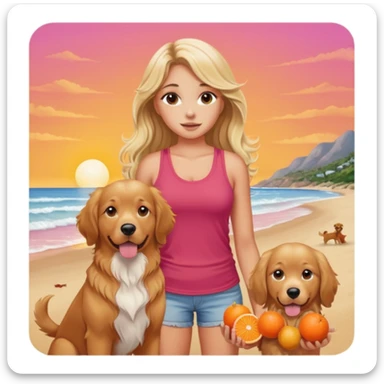 20 year old white girl with tanned summer skin, long wavy blonde hair with brunette highlights, brown eyebrows, middle part, wearing a red tank top, standing with an English golden retriever, beach sunset background with pinks and oranges sticker