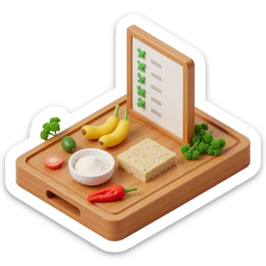 Ingredients on teh wooden cutting board with floating list  sticker