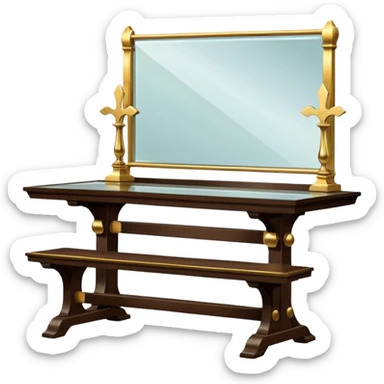 A glass topped rectangular trestle table with a bench on each long sided  and a high-backed throne on each short side sticker