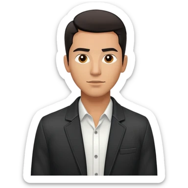 Handsome athletic Hispanic man with tan complexion, short black straight hair combed back with faded sides, square masculine face with defined jawline, neutral-friendly TV presenter expression, black jacket and white button-up shirt sticker