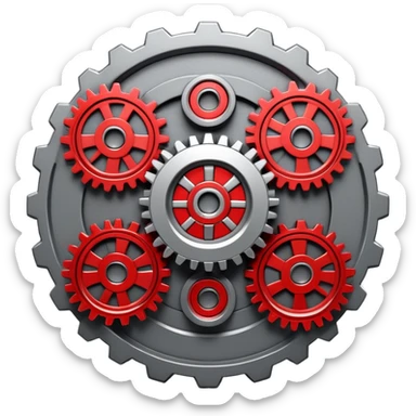 A 3D mechanical generator icon with interconnected gears, modern industrial style, red and gray color scheme, featuring:
- Multiple spinning gears in metallic gray
- Glowing red energy core in the center
- Subtle red light emissions between the gears
- Clean, technical aesthetic
- Smooth metallic textures
- Minimal shadows for depth
- Some gears slightly exposed outside the main frame
--ar 1:1
--style raw
--v 5.2
--no text
--c 15
--q 2 sticker