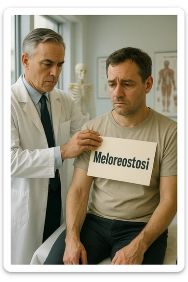 A realistic, cinematic illustration set in a bright, modern medical office. A middle-aged doctor in a white lab coat with a serious expression is shown gently placing a large paper label on the shoulder of a male patient sitting on the examination table. The label has the word 'Meloreostosi' written on it, symbolizing the act of labeling the patient with his rare bone condition. The patient looks confused and slightly disheartened, wearing a simple t-shirt with part of his arm exposed, showing subtle signs of bone thickening or deformation associated with melorheostosis. The background includes medical charts and a softly blurred skeleton model, emphasizing the medical setting. The lighting is bright but neutral, conveying a sterile, clinical atmosphere while focusing on the symbolic moment of receiving a diagnosis label. The mood is introspective and slightly heavy, illustrating the emotional weight of being defined by a rare chronic condition in italiano sticker