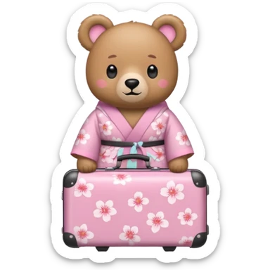 A cute light-brown bear wearing a pastel pink sakura-patterned kimono, normal balanced body ratio.  
Pulling a small suitcase with cheerful excited eyes, backpack on the back, ready for a trip.  
Kawaii emoji style, minimalistic clean sticker illustration, white background. sticker