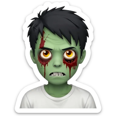 Rosto de frente classico de zombie boca meio torta cabelos medios grandes pretos bagunçados low fade com pele verde clara camiseta branca sem nenhum sangue no rosto e com cabelo bem adolescente e bagunçado sticker