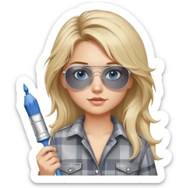 girl with long blond messy hair, wearing grey plaid shirt with blue eyes and aviator sunglasses wearing a ring on her silver necklace, holding a paint brush roller with a small bit of white paint on her face sticker