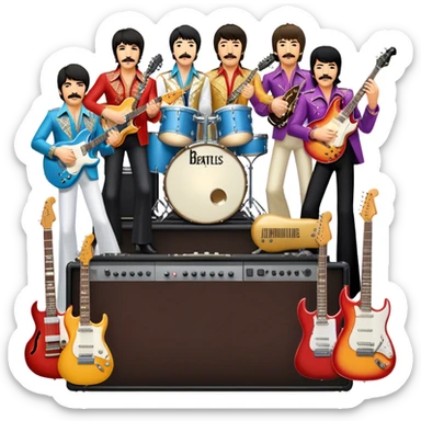 Rock music icon: dynamic collage of global rock legends like The Beatles, Jimi Hendrix, Elvis Presley, Freddy Mercury and Curt Cobane, surrounded by guitars, amplifiers, and stage lights. Symbolizing the energy and power of rock music. Transparent background. sticker