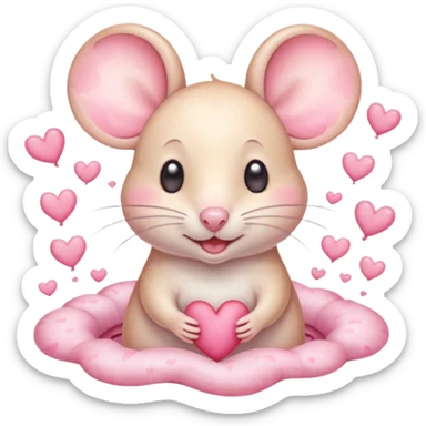 This is a cute watercolor illustration of a small, cream cartoon mouse with large, round, pink-lined ears. The mouse has heart eyes, a small open mouth, and is surrounded by floating pink hearts, conveying a feeling of love, adoration, or strong affection. sticker
