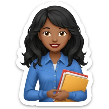 A young woman with long black hair, a wavy frange falling on half of her head. There's a long wavy stretch of hair falling on the side of her head. She's black, medium to dark skinned with thick lips. She's holding folders, and she's a CEO, but she's wearing casual clothes. sticker
