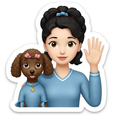 Ponytail black hair girl with brown Poodle say goodbye  sticker