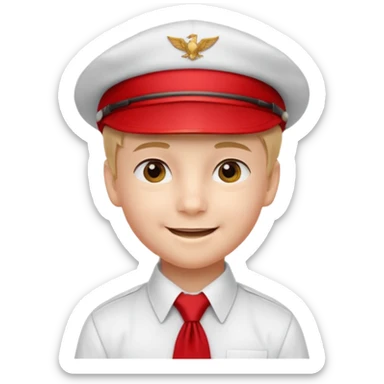 A Soviet pioneer emoji — smiling young boy wearing a white shirt with a bright red pioneer necktie and a classic red pilotka cap. not a cowboy hat. Flat, smooth 3D shading sticker