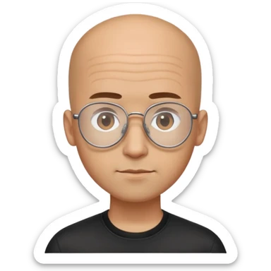 Man with small oval face and big forehead, aviator-style glasses, completely bald/shaved sides with very short curly dark hair only on top of head, neutral-friendly expression, light brown skin, wearing a black shirt sticker
