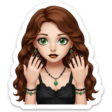 Girl with long wavy brown hair, dark green eyes with eyeliner, she has freckles and a cute nose, mini dress on with long black nails and she’s also wearing horror jewelry  sticker