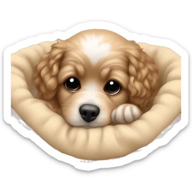 Little cute havapoo is sleeping in a beige soft dog basket sticker