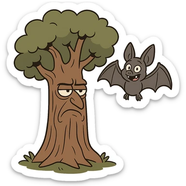 tree trunk with a face and a bat in flat toon style sticker