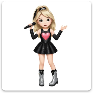 Sabrina carpenter singing at a concert wearing a black sparkly mini dress with silver at the end, with silver sparkly boots with heart cut out on the side sticker