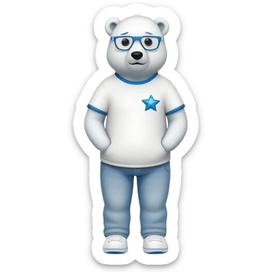 friendly anthropomorphised polar bear standing upright, looking chilled and unbothered, wearing a shirt, jeans, trainers, star-shaped glasses sticker