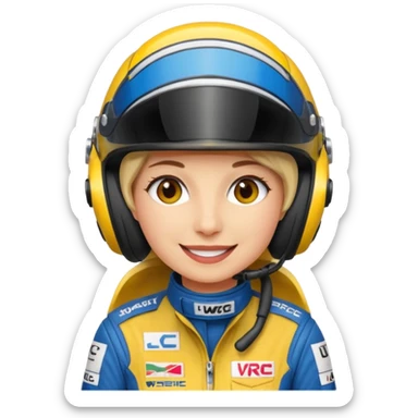 Je souhaiterai un emoji d'une femme, pilote de rallye WRC qui porte un casque et une combinaison aux couleurs de la marque LU sticker