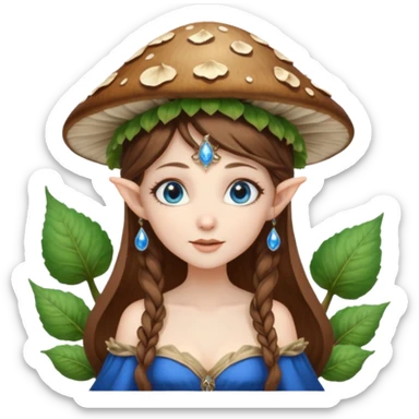 Hyper realistic mushroom elf mage fairy queen pale skin brown hair and blue-eyes sticker