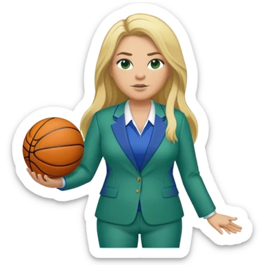 Full Body white plus size female basketball head coach with long blonde hair in a blue and green suit sticker