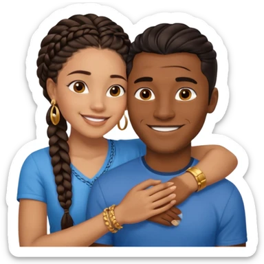 smiling embracing interracial couple. dark ebony woman with long braided hair and jewelry. brazillian man short hair wearing blue. sticker