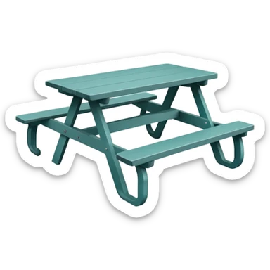picnic table with attached benches, muted teal, straight vertical legs, small wheels, flat wood-style silhouette, minimal shading, clean geometry sticker