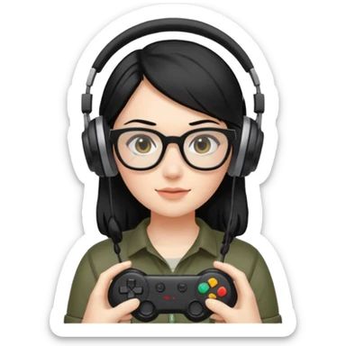 
gamer, woman shiny black hair no eyebrows with glasses, headphone, gamepad sticker