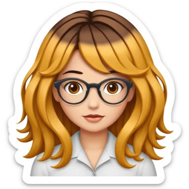 Uma garota de cabelos cacheados compridos e mechas loiras, com pele morena clara e óculos sticker
