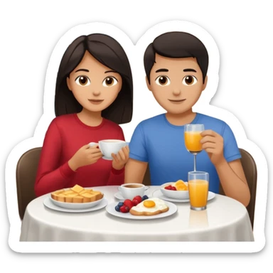 pon una pareja desayunando sedayuno de hotel pareja de pelo moreno sticker