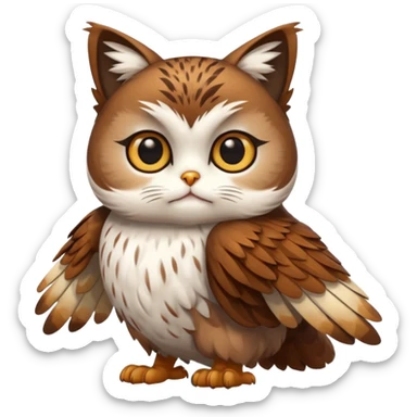 crea un gato con alas de búho con pelaje color cafe y blanco y que este con las alas cerradas y sin ningun objeto en las alas sticker