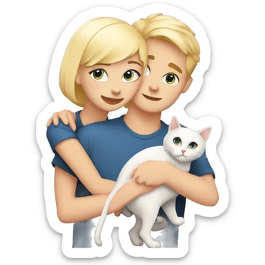 Guy with blue eyes and very short hair is hugging a girl with a blond bob hair cut. There are their two cats. One cat is orange and white and another one grey and white. Cats are very fluffy sticker