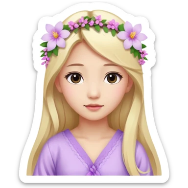 Asian girl with long blonde hair white skin makeup natural with flower in her ear, her dress is white and pink lil flowers  sticker
