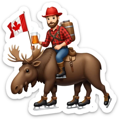 Canadian lumberjack wearing hockey skates, drinking from a jug maple syrup, carrying a furling Canadian flag, and riding on a moose sticker