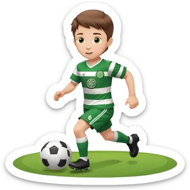 Celtic footballer jersey logo  6 years old brown hair white boy , stripes uniform , RUNNING  with soccer ball # 17 celtic football logo  sticker