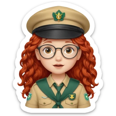 scout girl baby with uniform including the hat,  little with glassess and long curly red hair sticker
