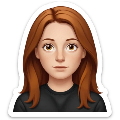 A 38 year old white woman with long brunette hair parted in the middle. She has her nose pierced. Her nose is medium sized. She has brown eyes. She has freckles and is wearing a black sweatshirt sticker