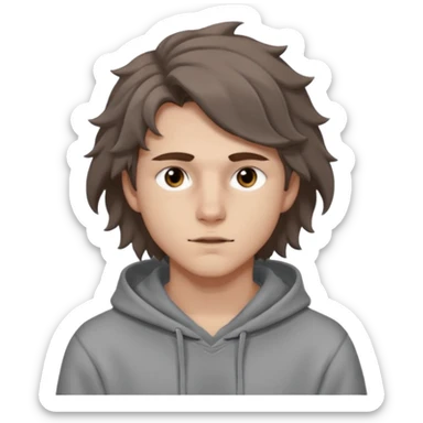 18 year old boy siren eyes good jawline with grey hoodie and long brown wavy wolf cut hair sticker