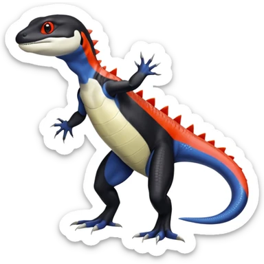 Black and white Orca-hybrid-reptile-reptilian-lizard-skink-gecko-Digimon-Fakémon-Pokémon-fusion-hybrid full body, two legs, two arms, claws, anthropomorphic, with red stripe sticker