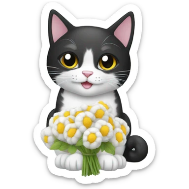 black and white cat with a bouquet of cotton sticker