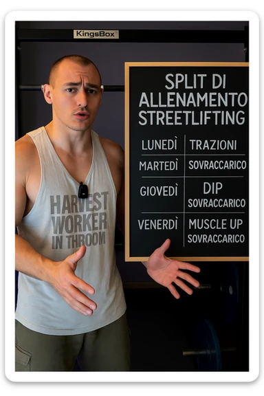 uomo che spiega alla lavagna la "Split di Allenamento" per lo streetlifting. tutto in italiano sticker