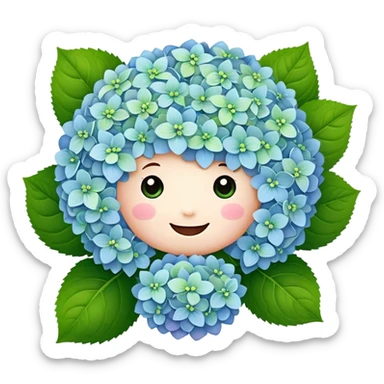Adorable cute hydrangea flower with happy face, puffy round cluster of pastel colored tiny blooms, cheerful appearance, and cute little green leaves sticker