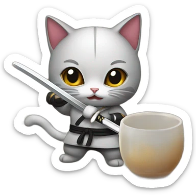 Ninja cat cuts croissant with  katana sticker