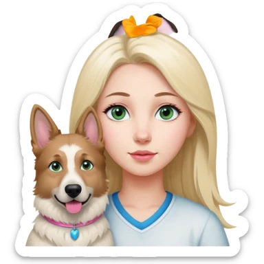 White European young woman with blue-green eyes and long blond hair with her white German Shepherd dog,the Dog hast a pink nose and short fur  and Brown eyes sticker
