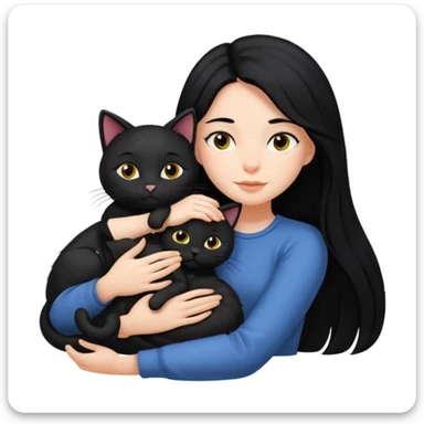 A girl with long black hair, lying down with her black cat while hugging each other. sticker